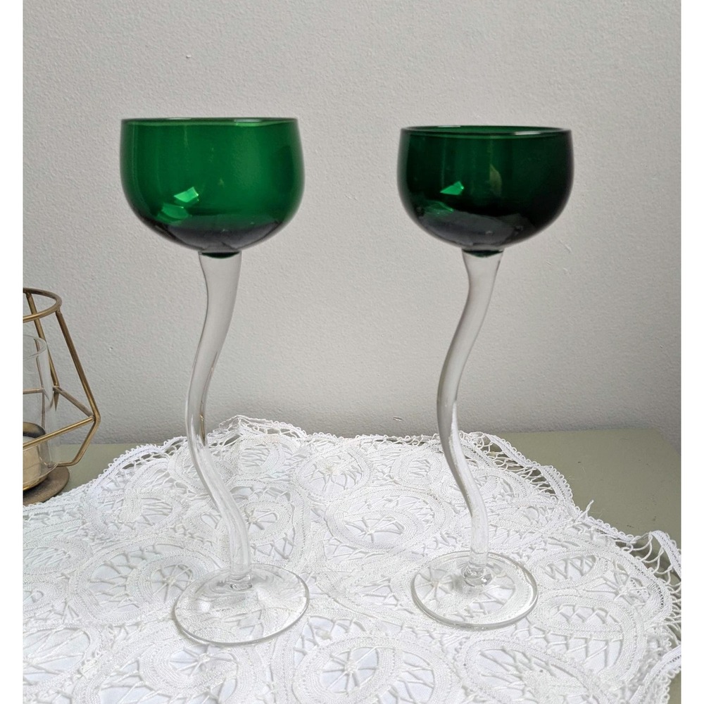 Vintage Green Wine Glass Set of‎ 2, Emerald Glass Goblet, Twisted Stem Glassware
